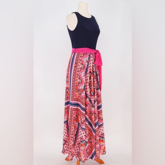 ELIZA J Paisley Scarf Print Belted Maxi Dress Size 6 Navy Pink Jersey Summer Fun - Picture 2 of 9